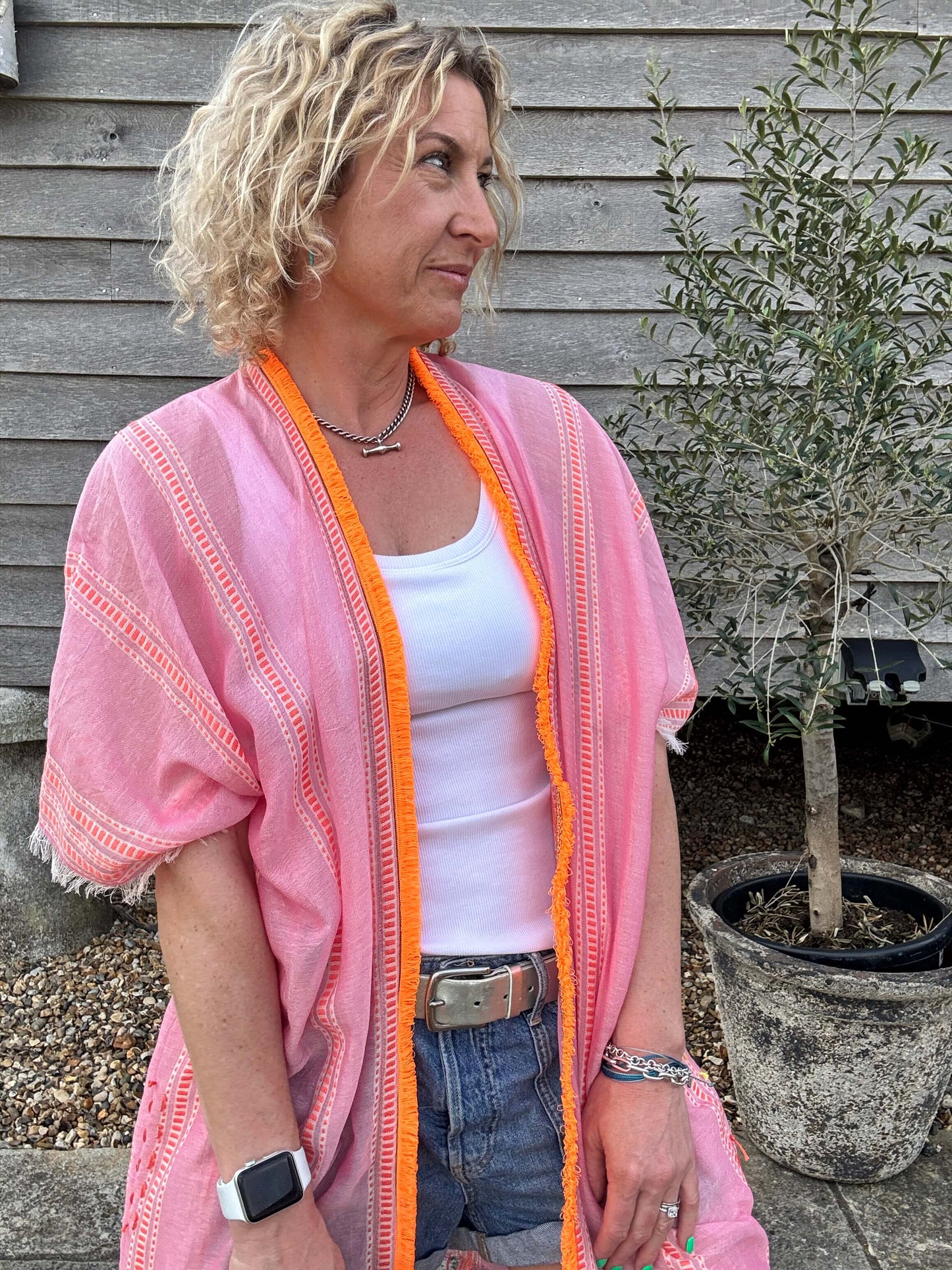 Pink & Orange Stripe Kaftan with Neon Orange Trim