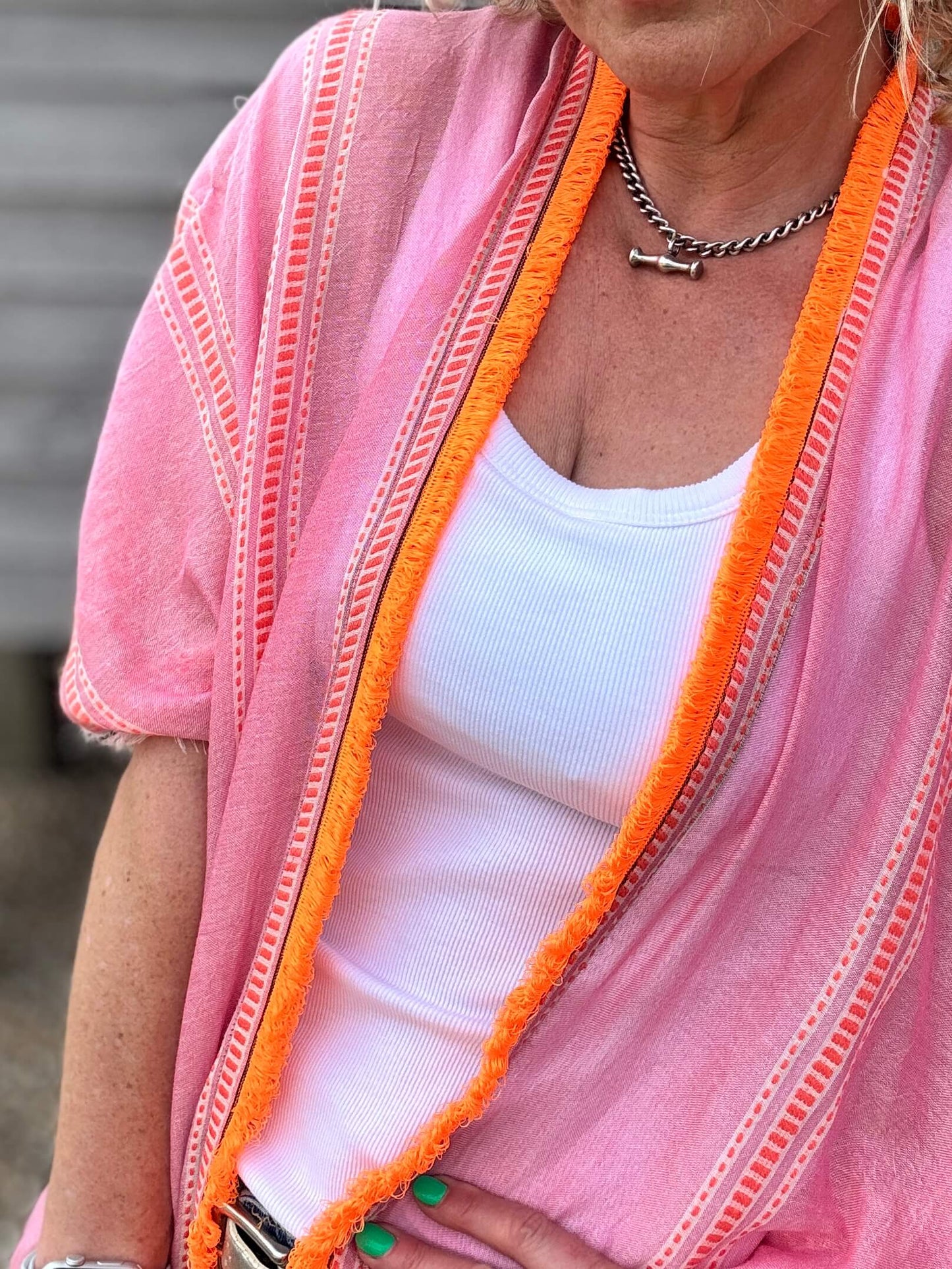 Pink & Orange Stripe Kaftan with Neon Orange Trim