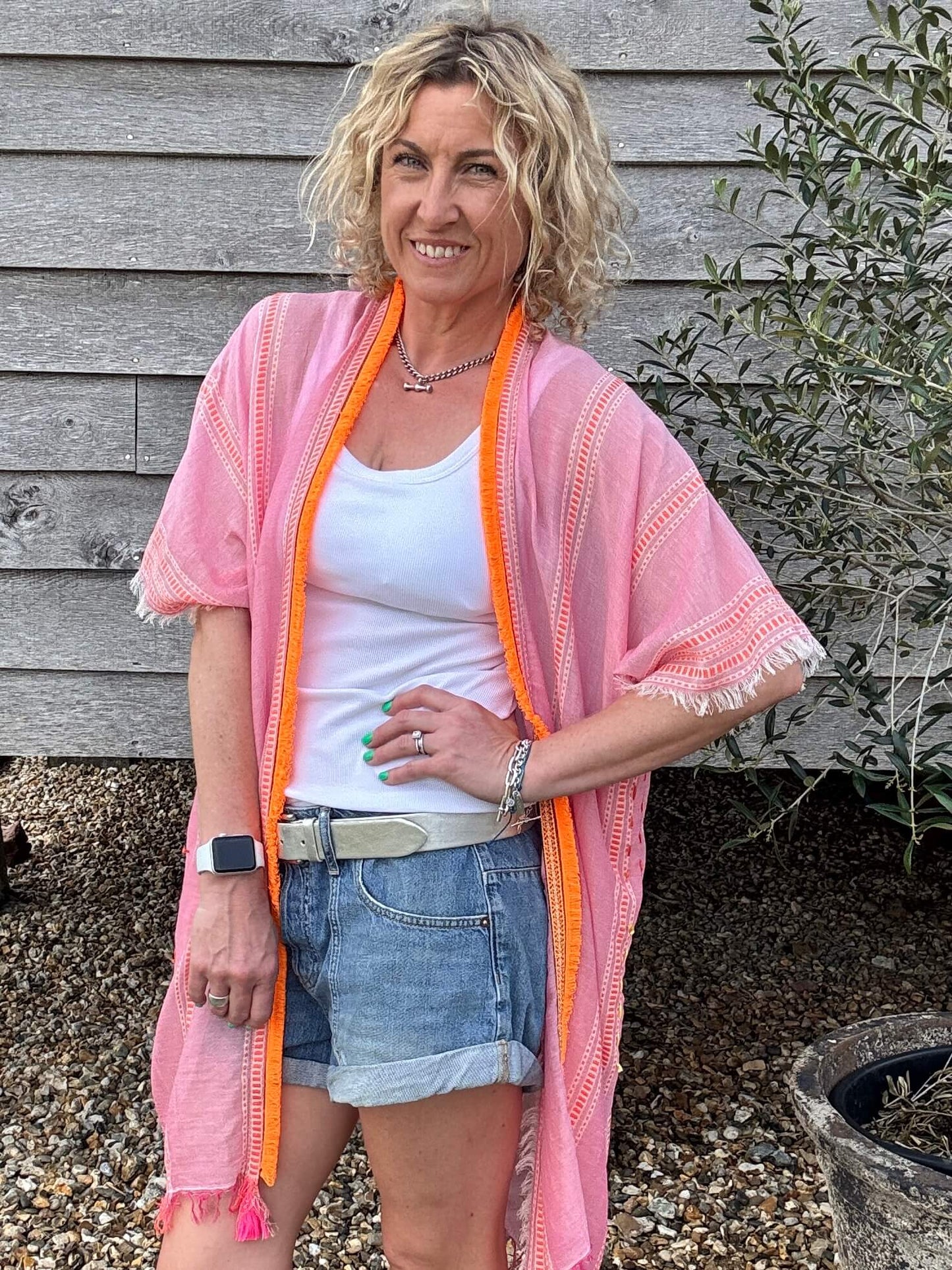 Pink & Orange Stripe Kaftan with Neon Orange Trim