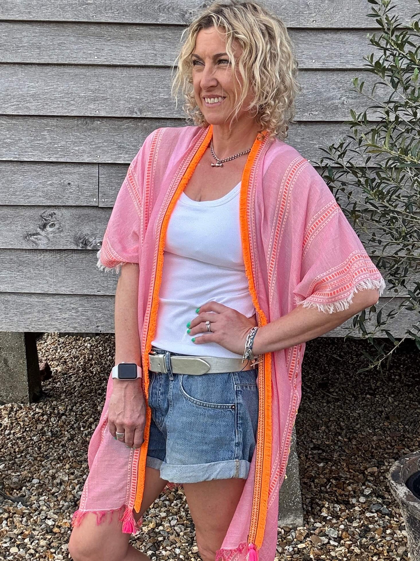 Pink & Orange Stripe Kaftan with Neon Orange Trim