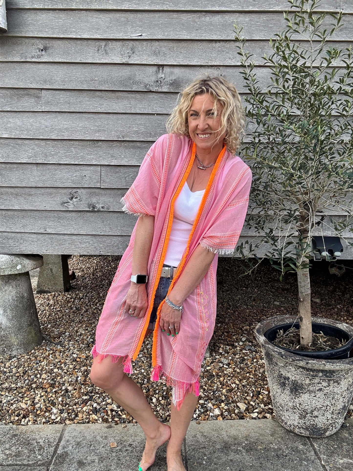 Pink & Orange Stripe Kaftan with Neon Orange Trim
