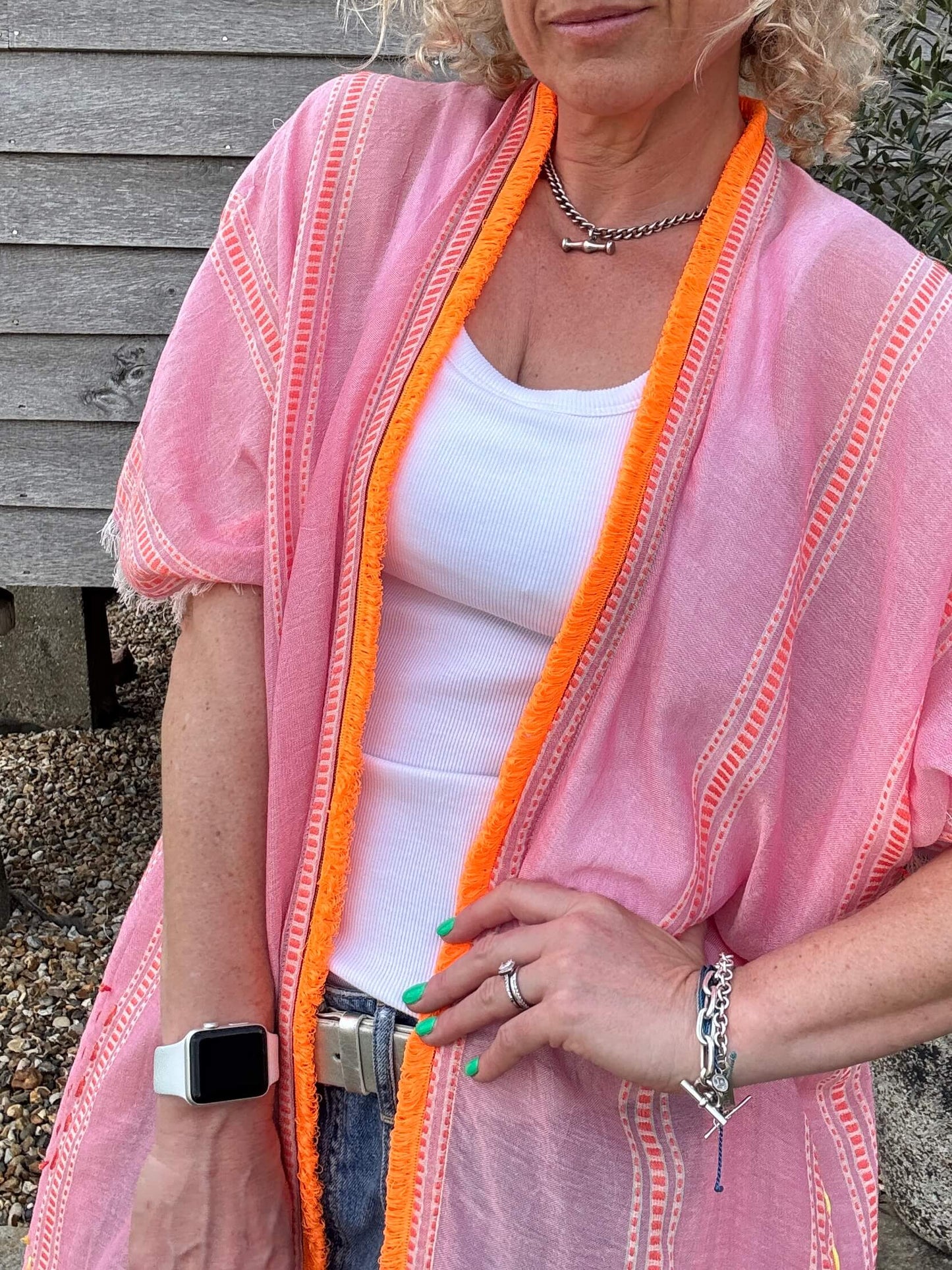 Pink & Orange Stripe Kaftan with Neon Orange Trim