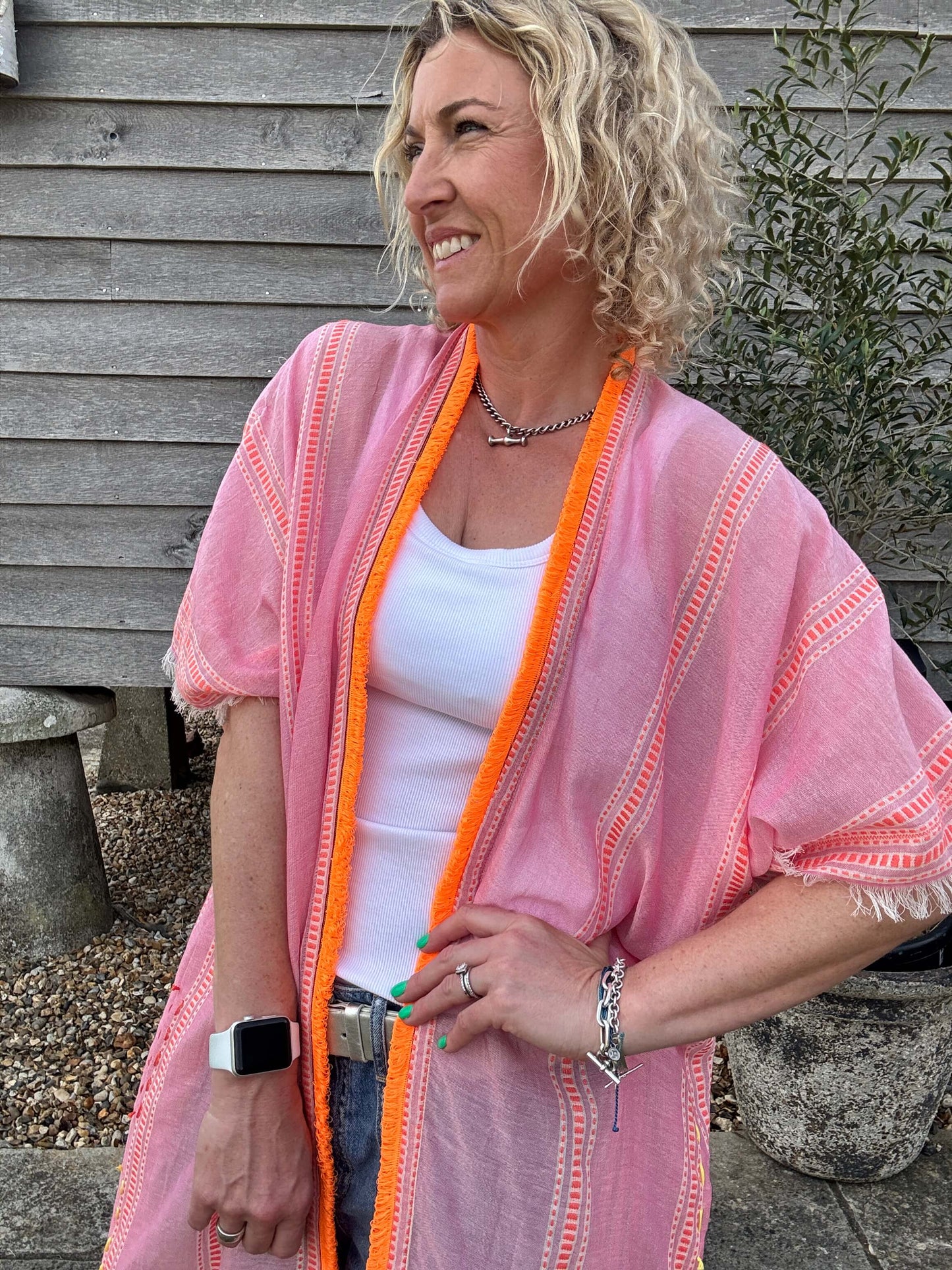 Pink & Orange Stripe Kaftan with Neon Orange Trim