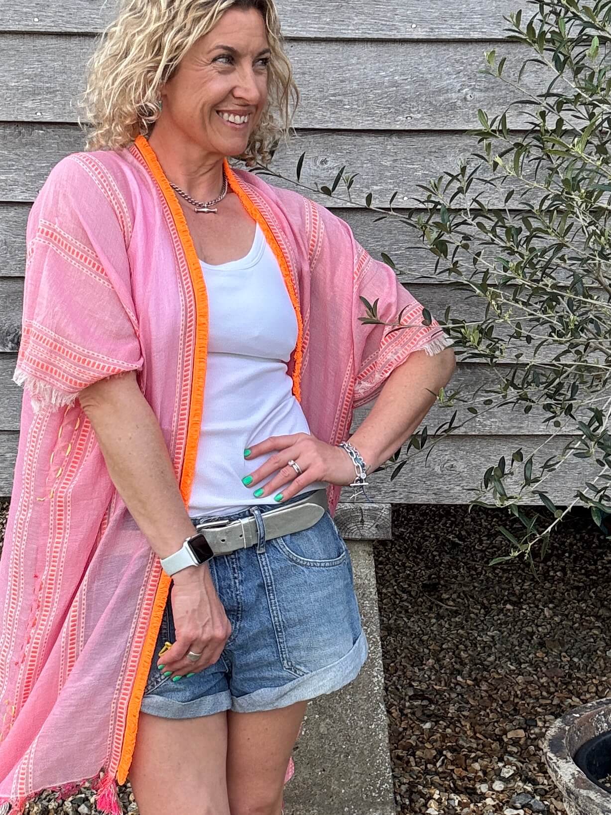 Pink & Orange Stripe Kaftan with Neon Orange Trim
