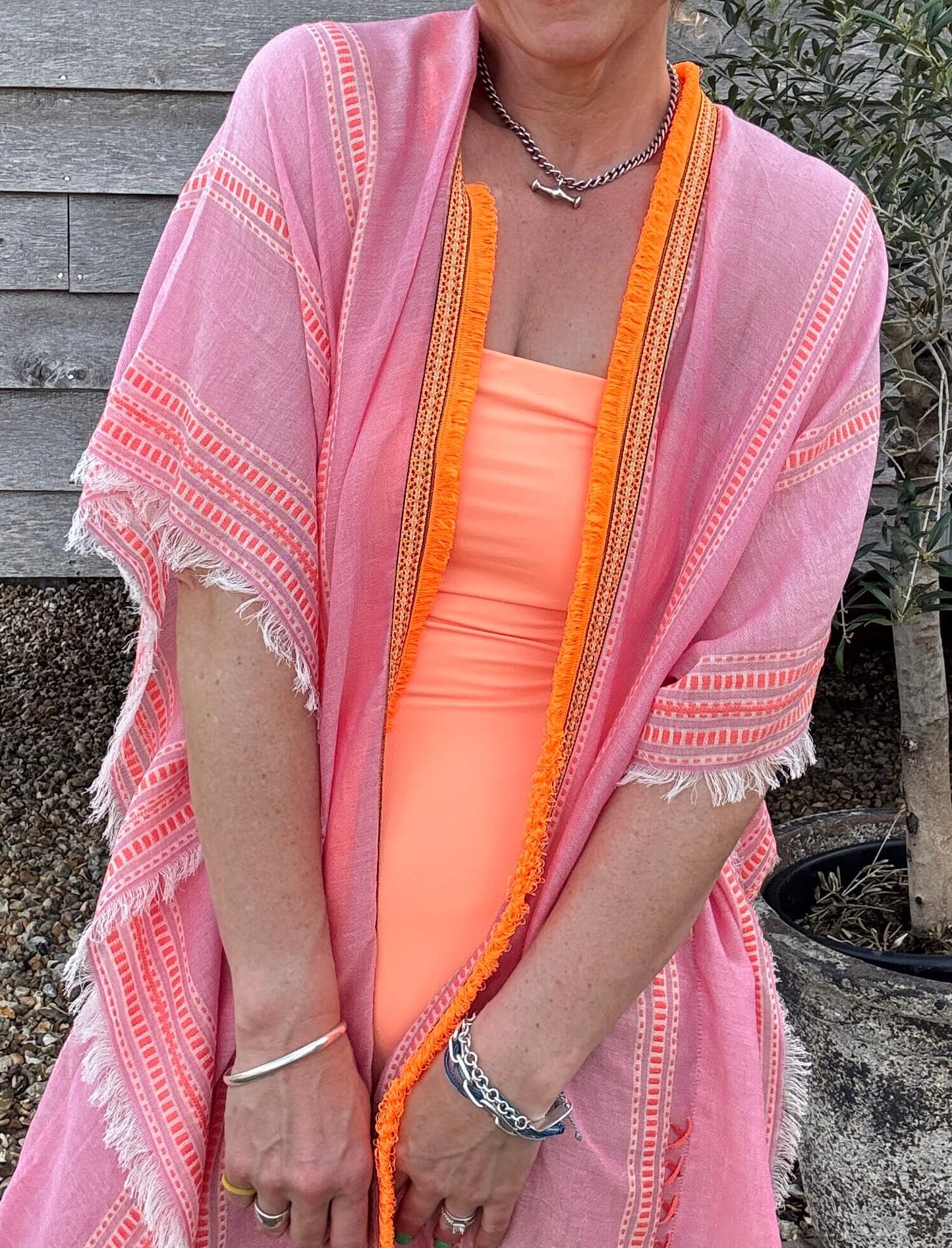 Pink & Orange Stripe Kaftan with Neon Orange Trim