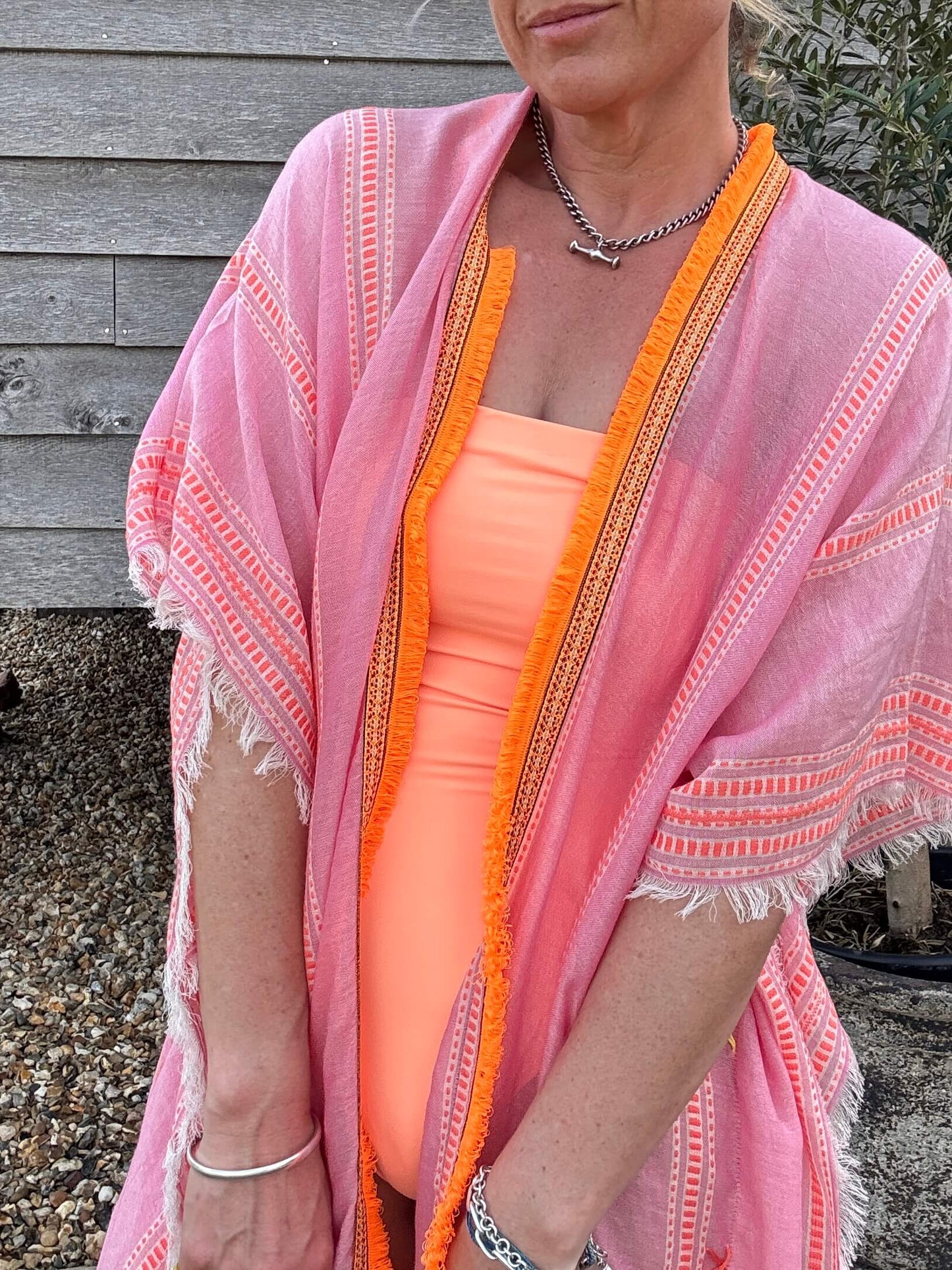 Pink & Orange Stripe Kaftan with Neon Orange Trim