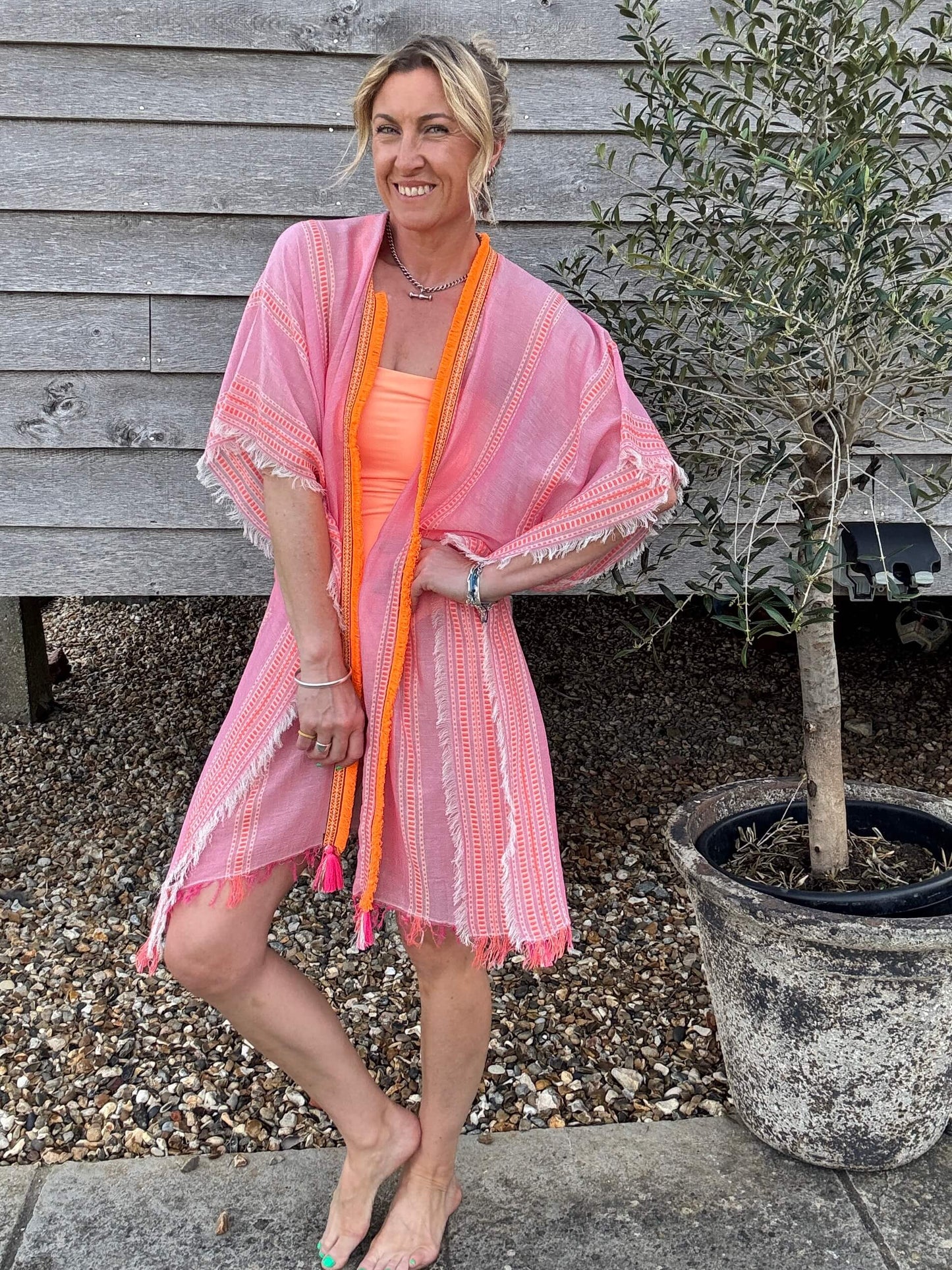 Pink & Orange Stripe Kaftan with Neon Orange Trim