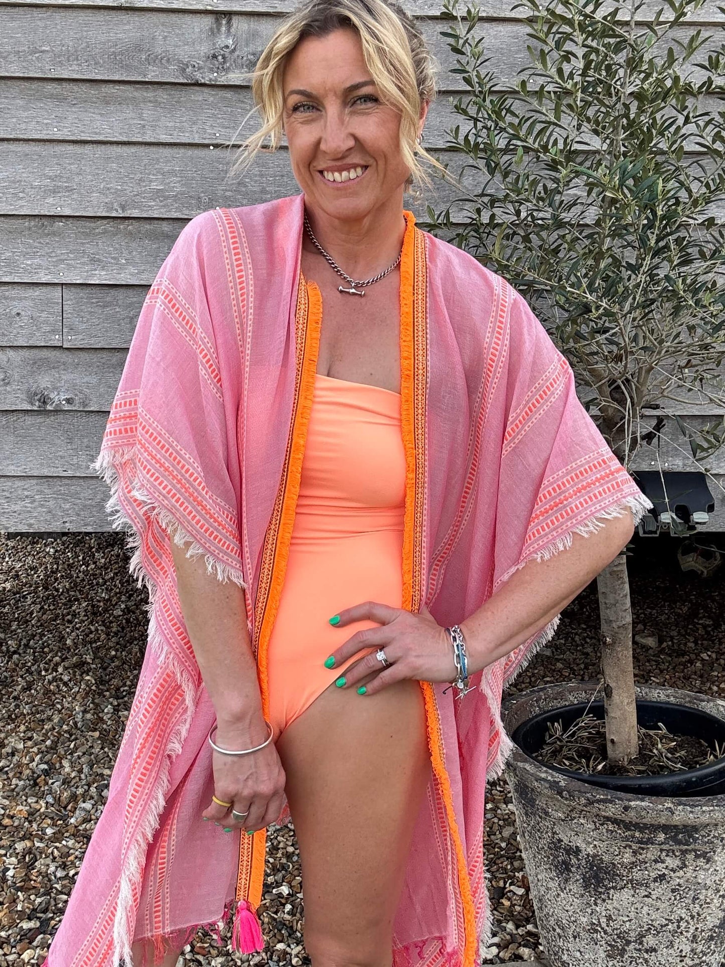 Pink & Orange Stripe Kaftan with Neon Orange Trim