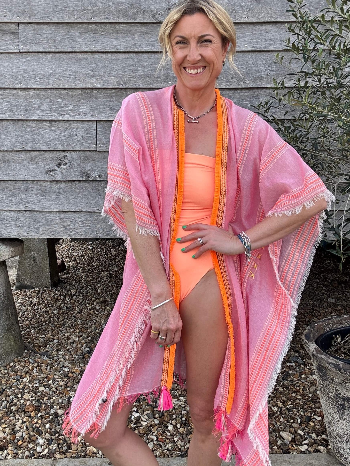 Pink & Orange Stripe Kaftan with Neon Orange Trim