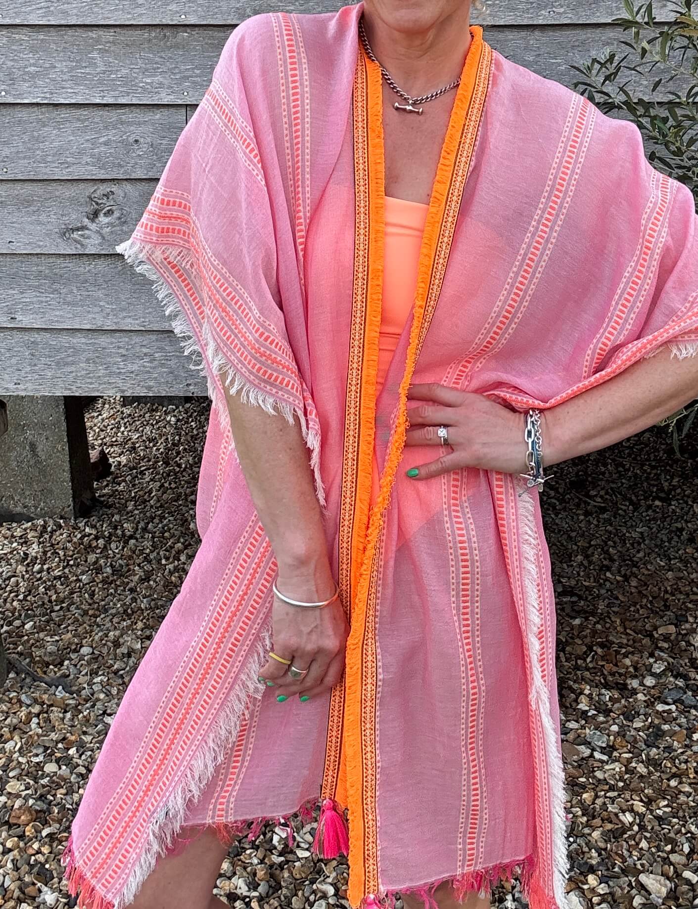 Pink & Orange Stripe Kaftan with Neon Orange Trim