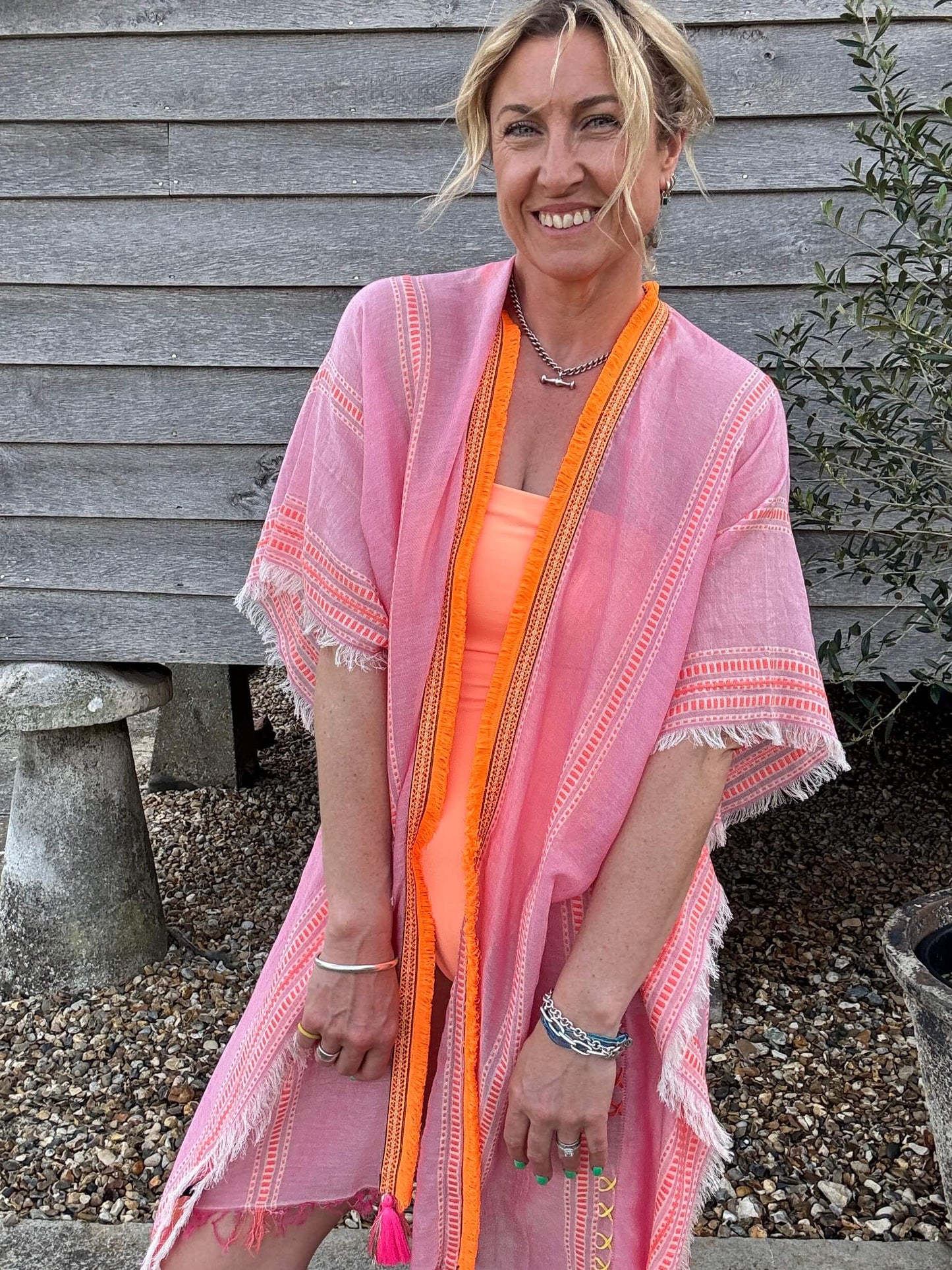 Pink & Orange Stripe Kaftan with Neon Orange Trim