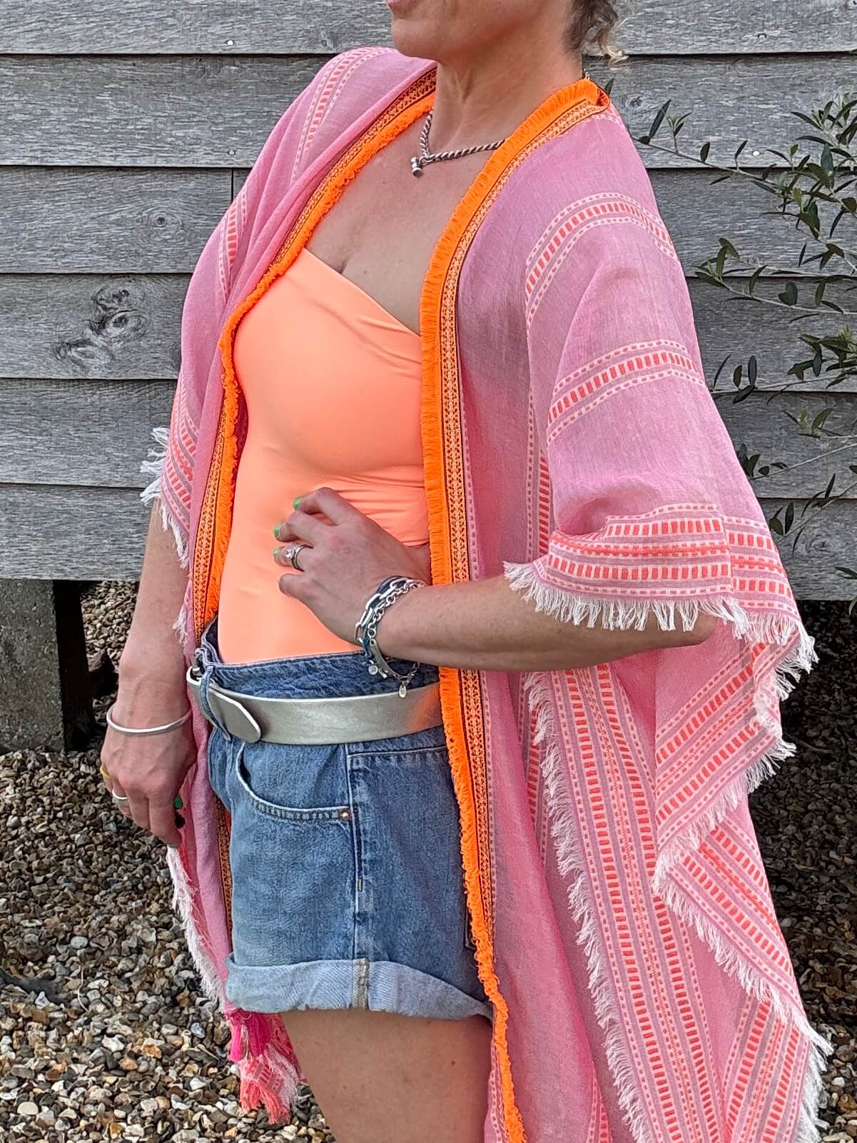 Pink & Orange Stripe Kaftan with Neon Orange Trim