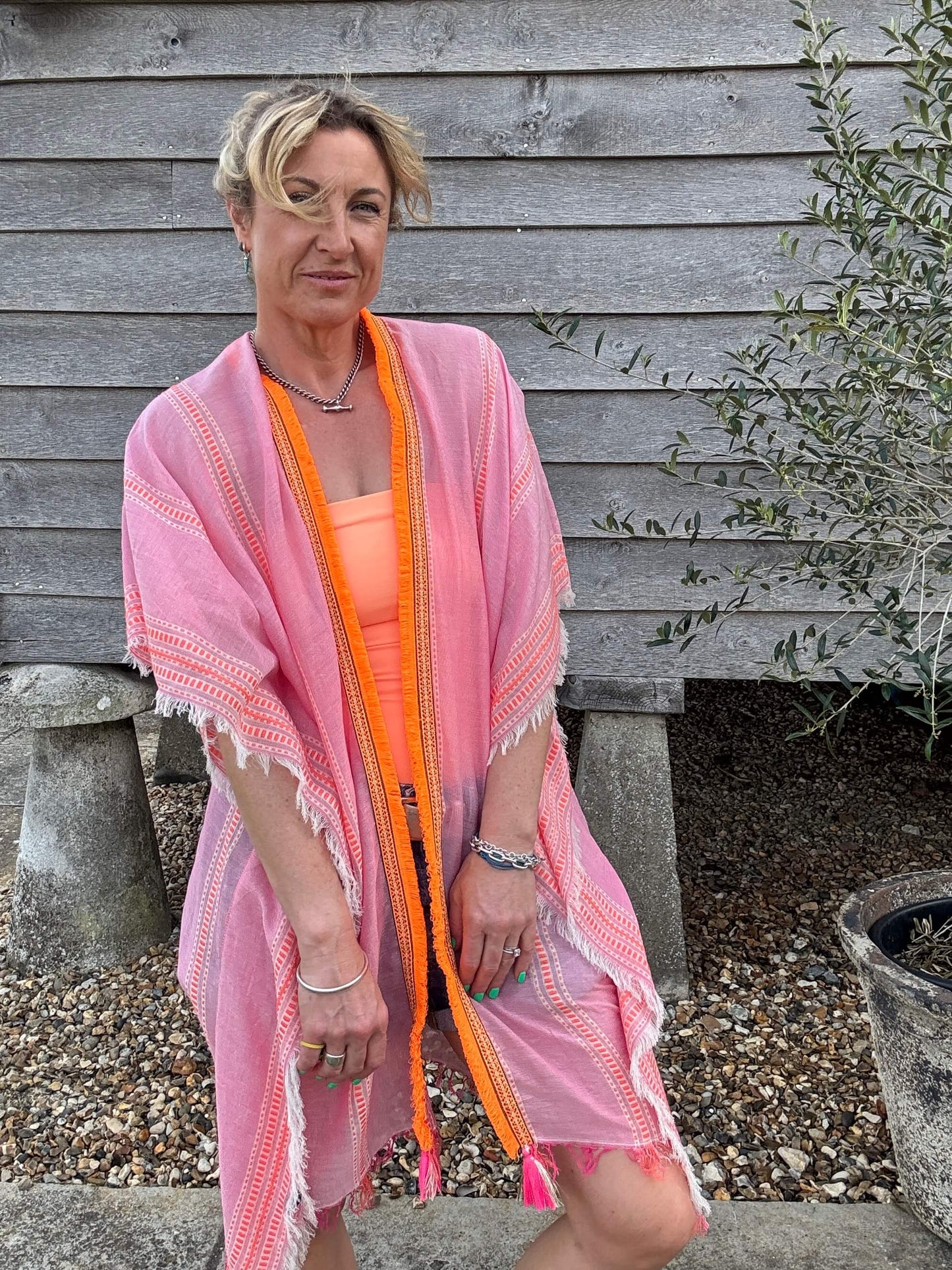 Pink & Orange Stripe Kaftan with Neon Orange Trim