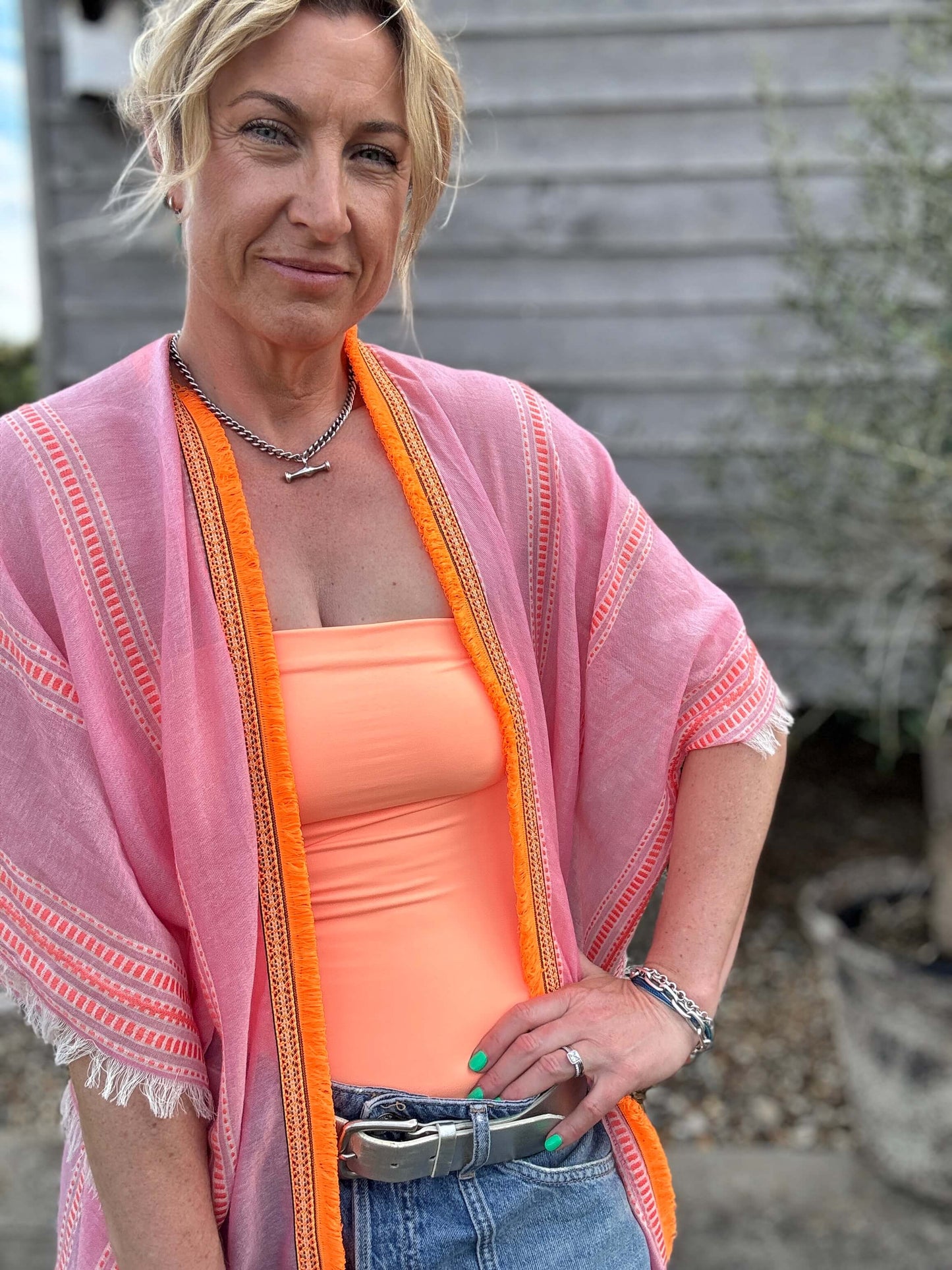 Pink & Orange Stripe Kaftan with Neon Orange Trim