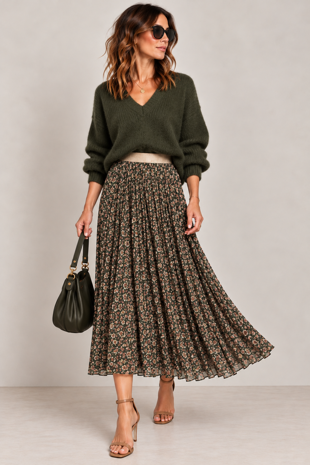 Ditsy Pleated Midi Skirt | Khaki