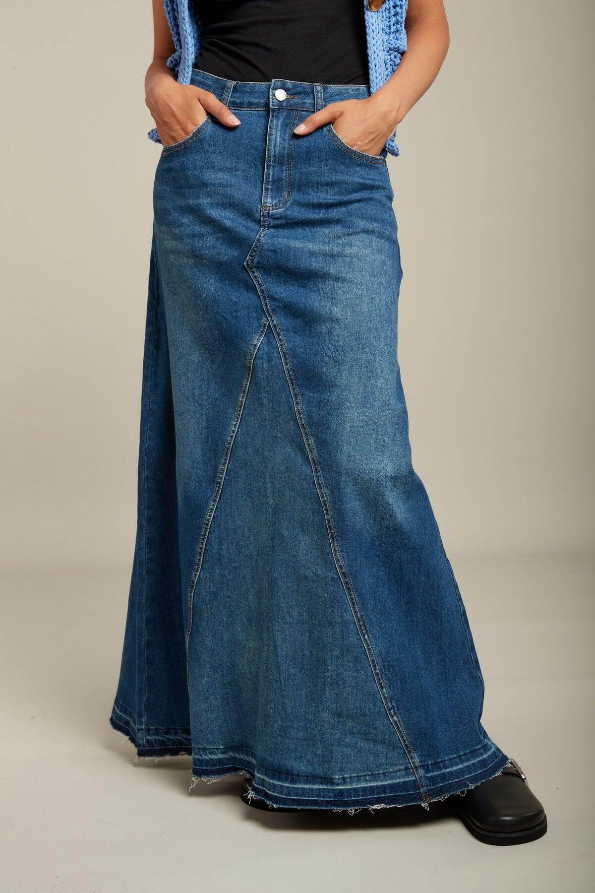 The Brixton Flared Denim Maxi Skirt