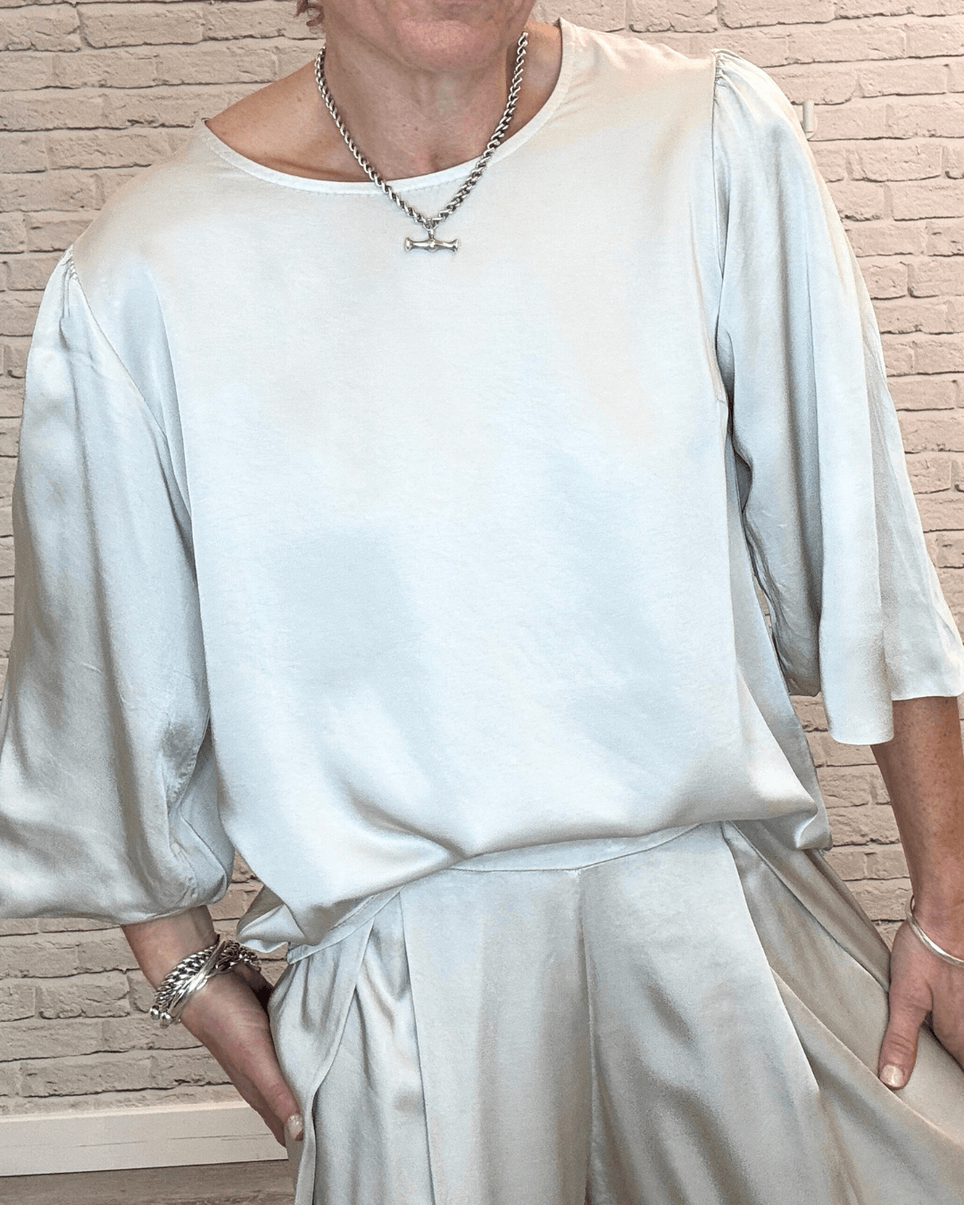 Gia Wide Sleeve Satin Top | Champagne