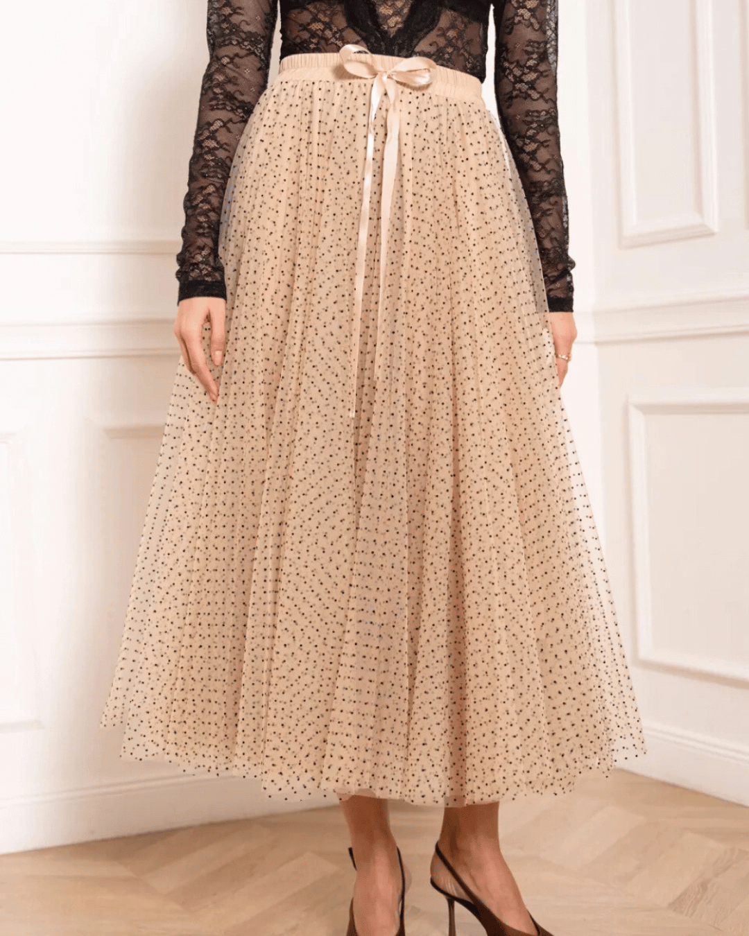 Polka Dot Tulle Skirt | Beige