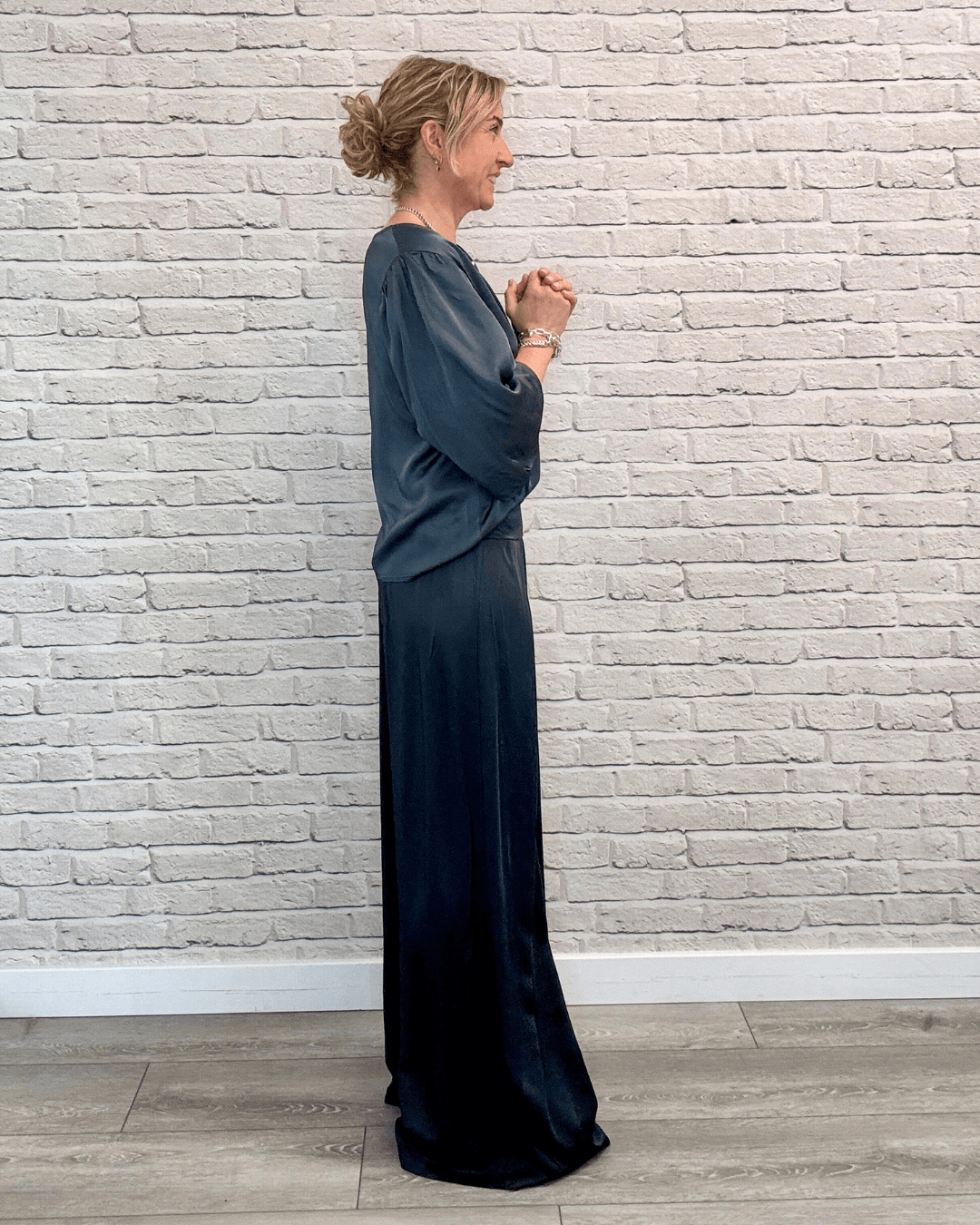 Gia Wide Sleeve Satin Top | Storm Grey