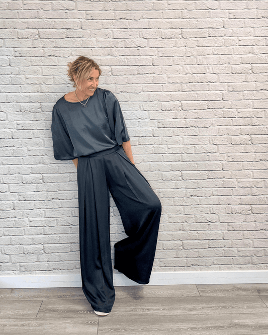 Gia Satin Palazzo Trousers | Storm Grey