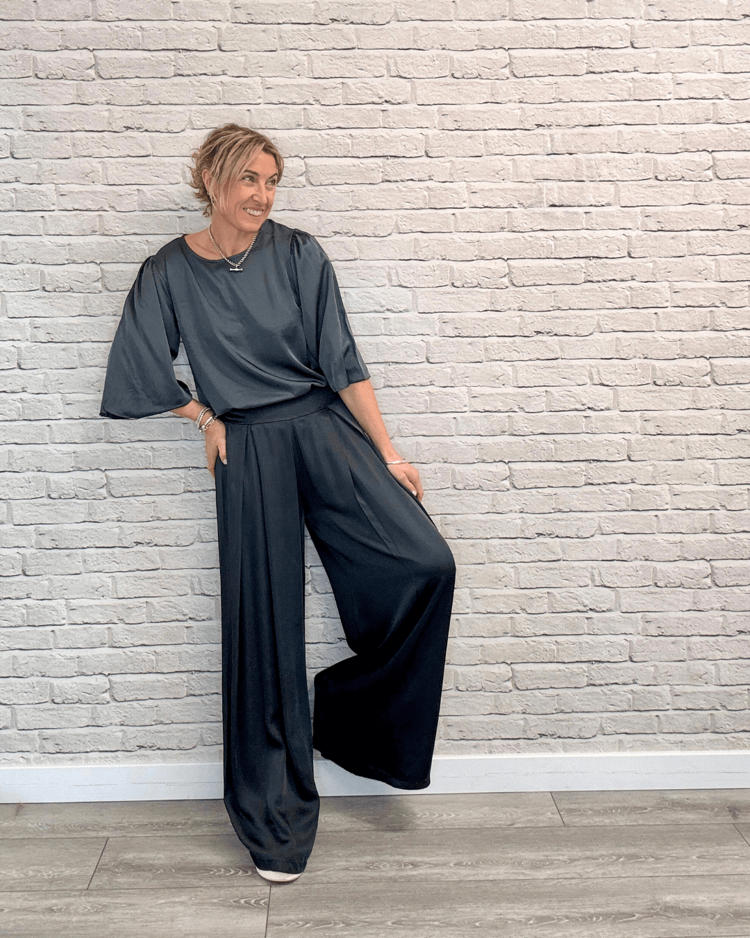 Gia Wide Sleeve Satin Top | Storm Grey