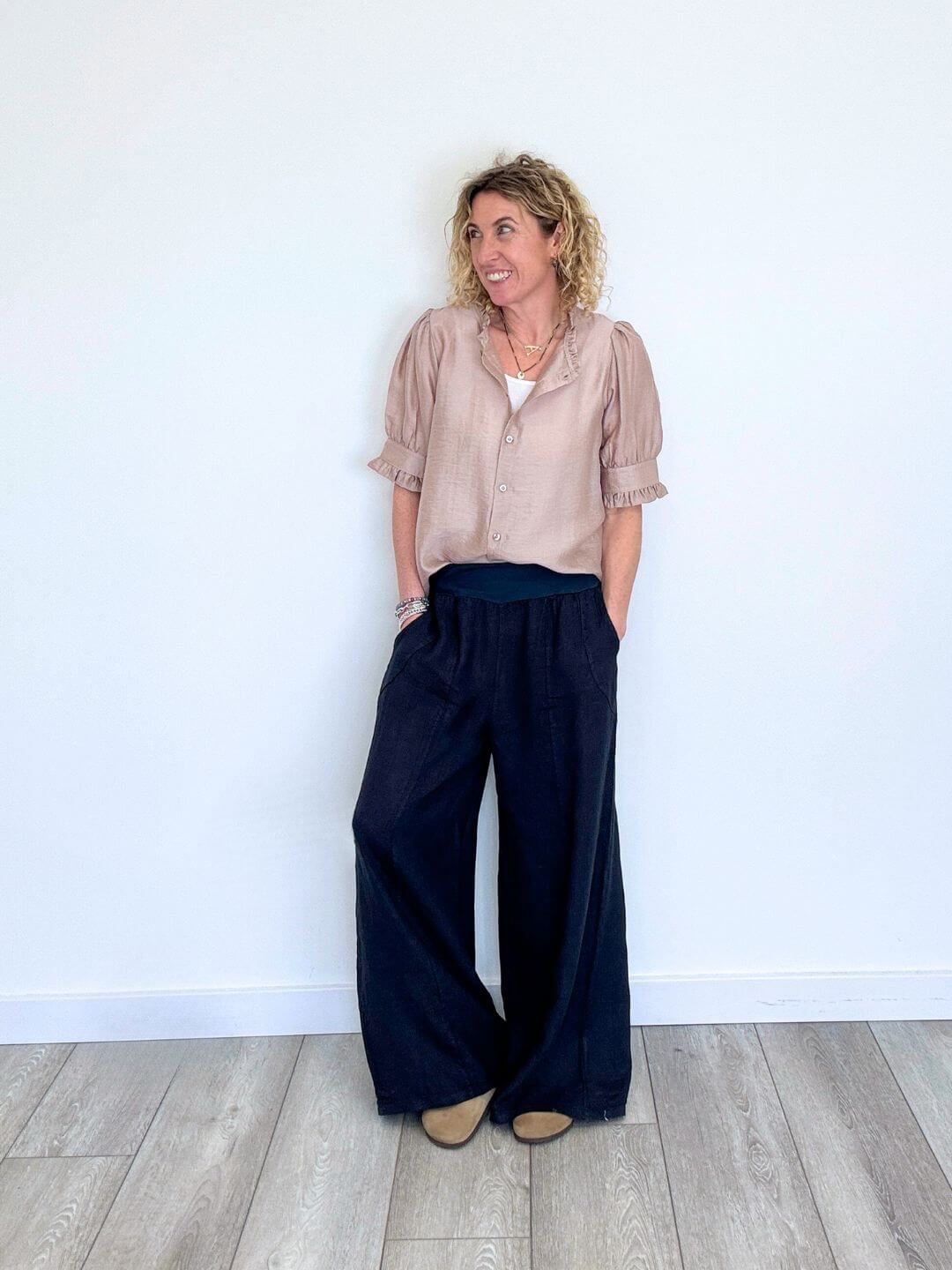 Lilly Linen Wide Leg Trousers - Navy