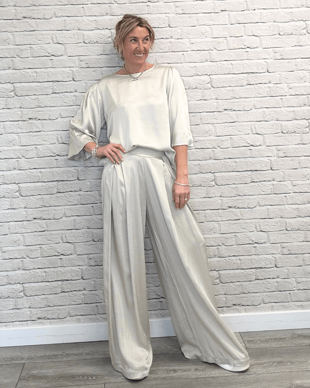 Gia Wide Sleeve Satin Top | Champagne