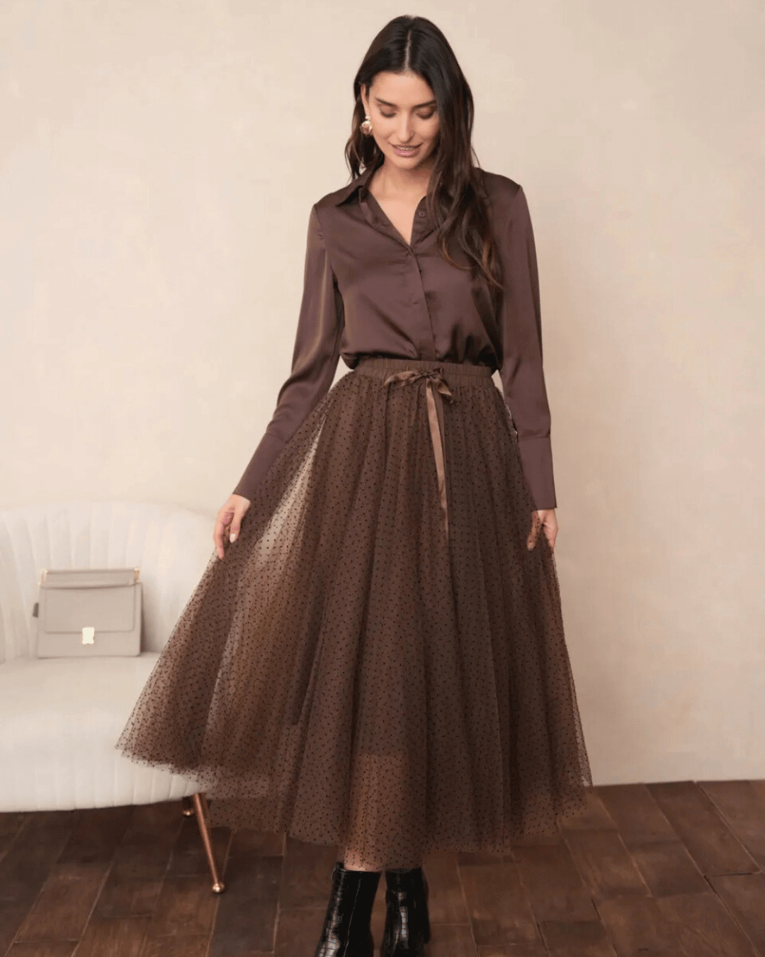 Polka Dot Tulle Skirt | Chocolate