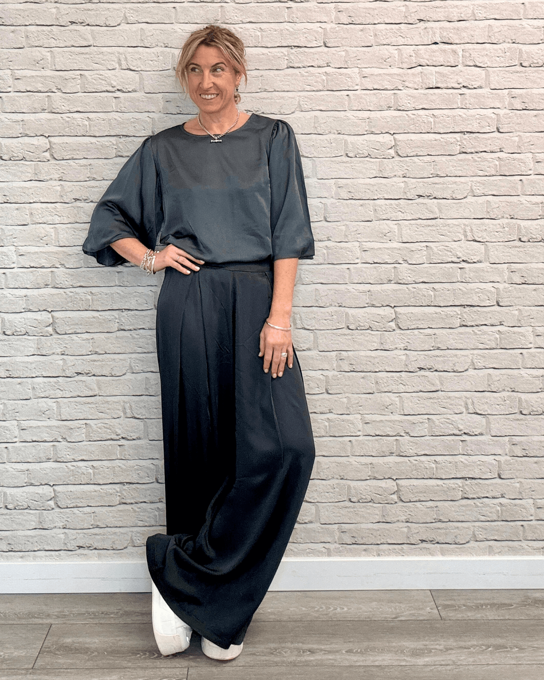 Gia Satin Palazzo Trousers | Storm Grey