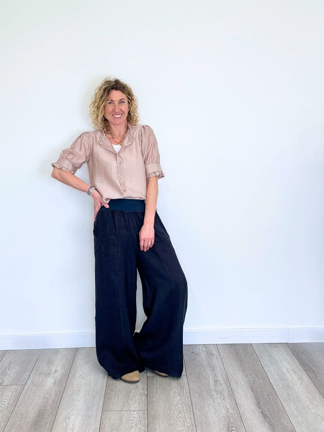Lilly Linen Wide Leg Trousers - Navy