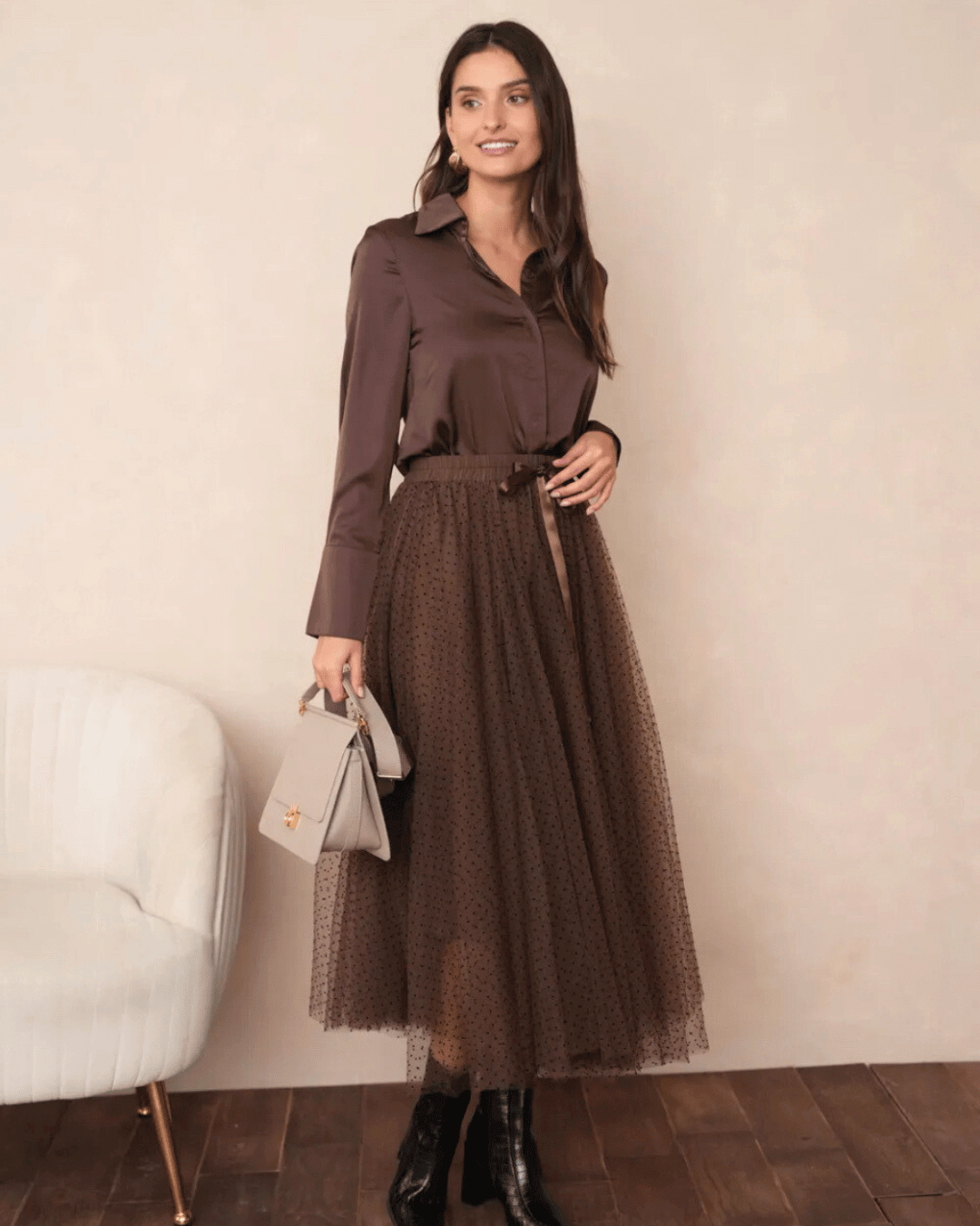 Polka Dot Tulle Skirt | Chocolate