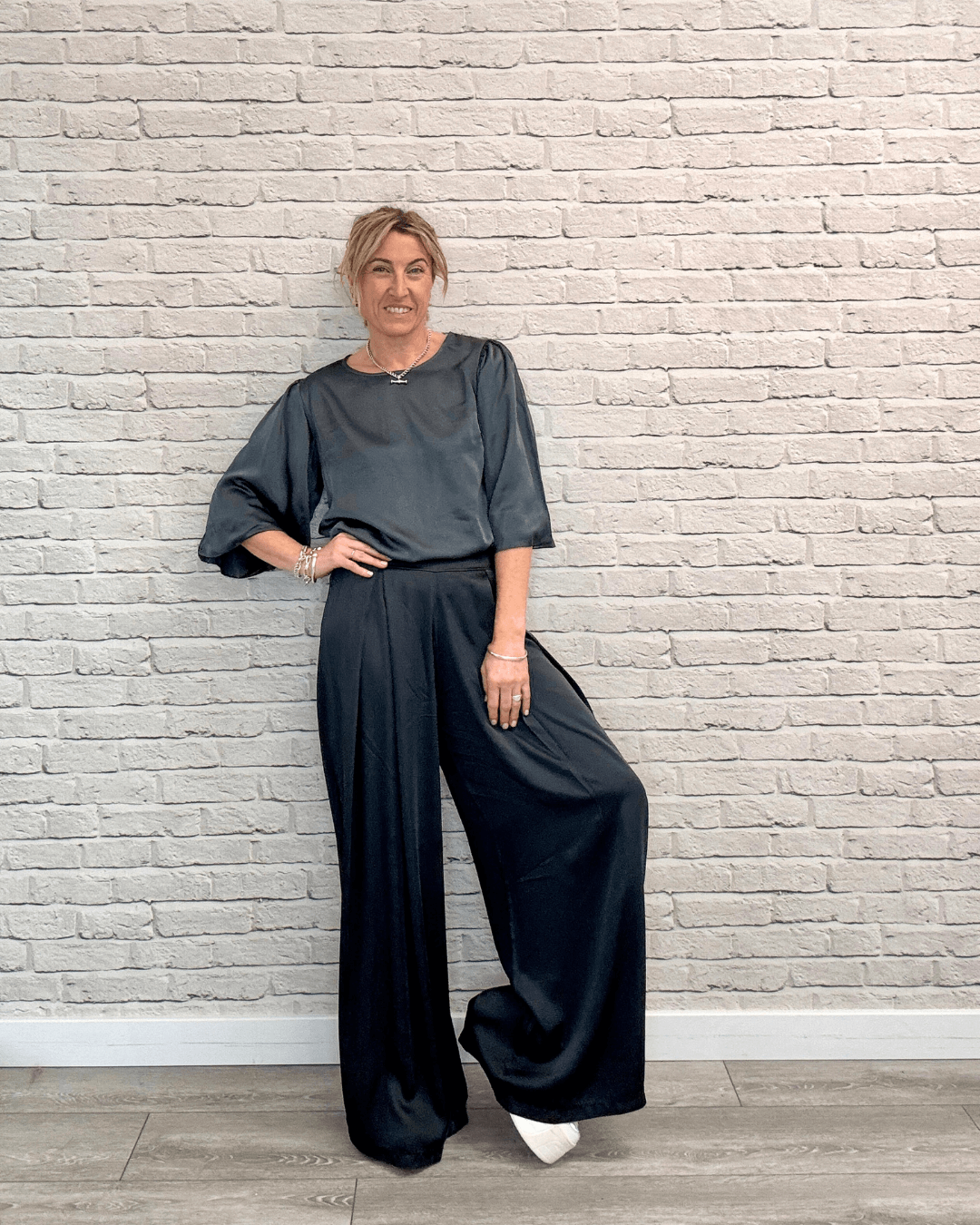 Gia Wide Sleeve Satin Top | Storm Grey