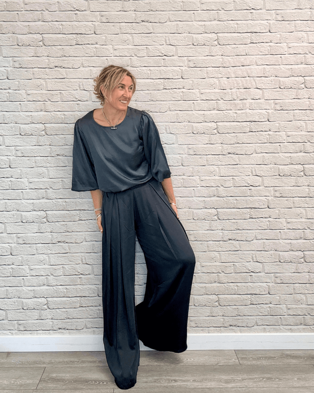 Gia Satin Palazzo Trousers | Storm Grey