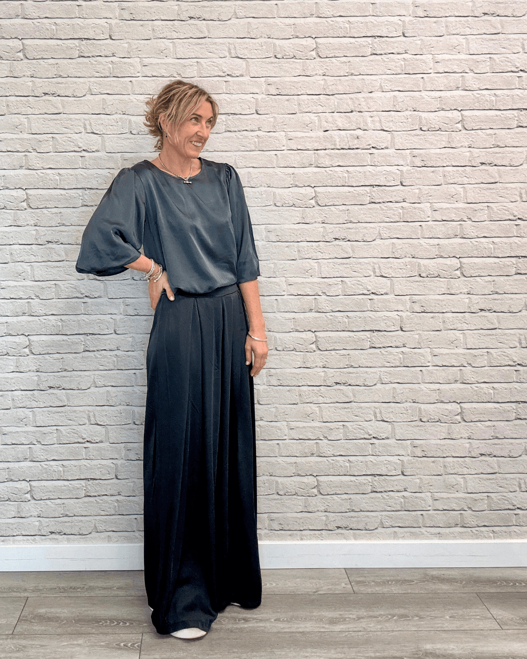 Gia Wide Sleeve Satin Top | Storm Grey