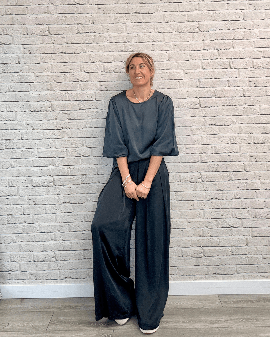 Gia Wide Sleeve Satin Top | Storm Grey