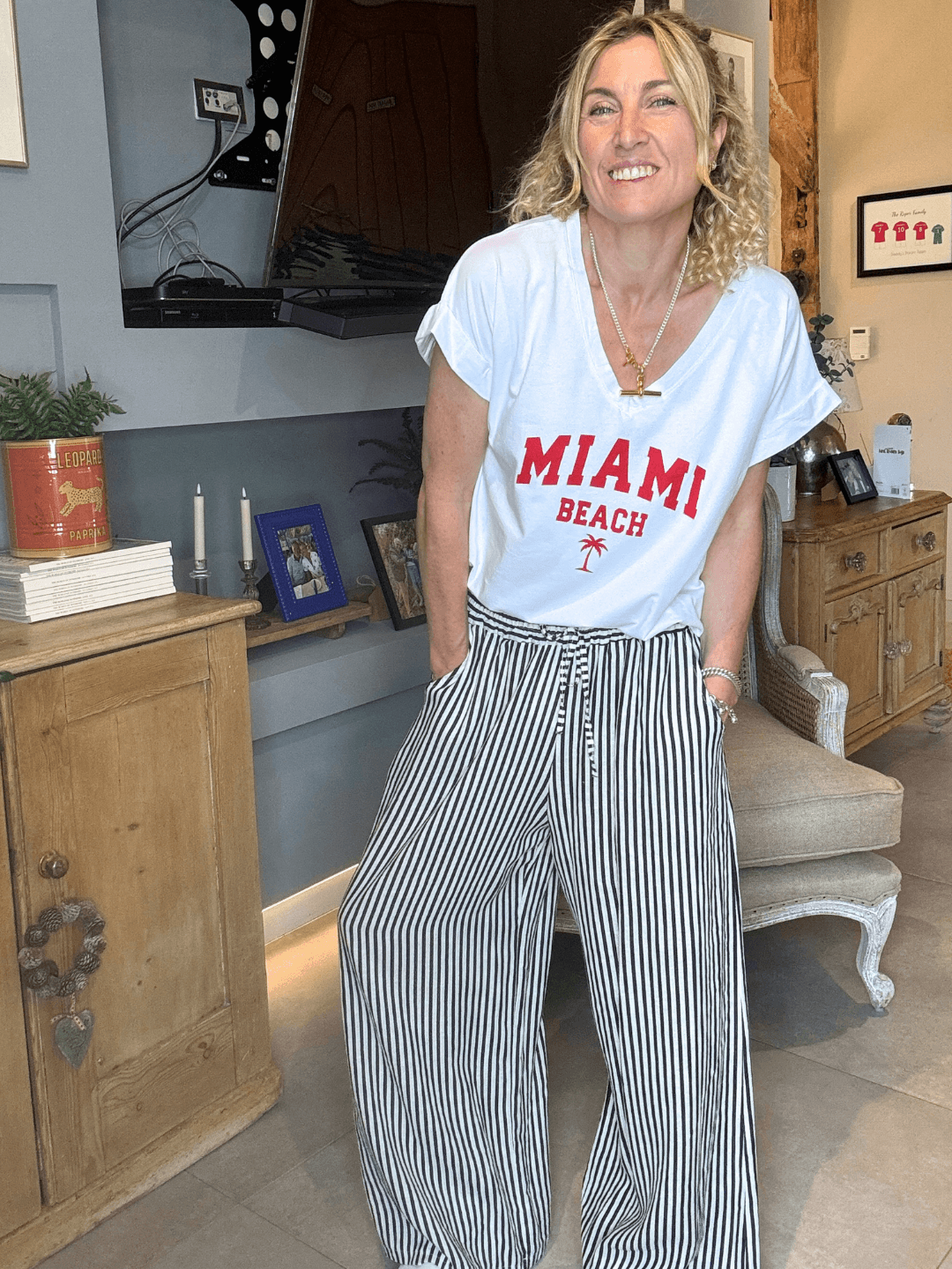 Candy Stripe Linen Trousers | Black & Ecru