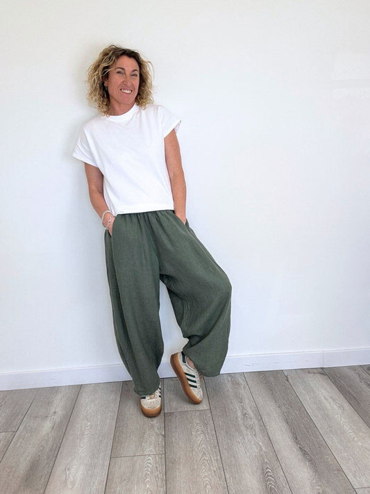 Miami Linen Barrel Trousers | Khaki