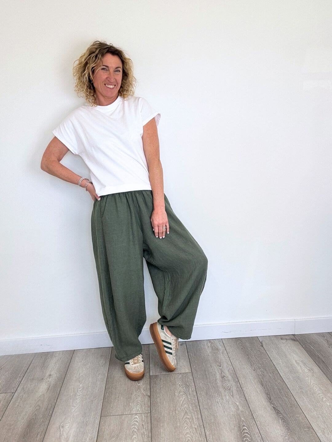 Miami Linen Barrel Trousers | Khaki