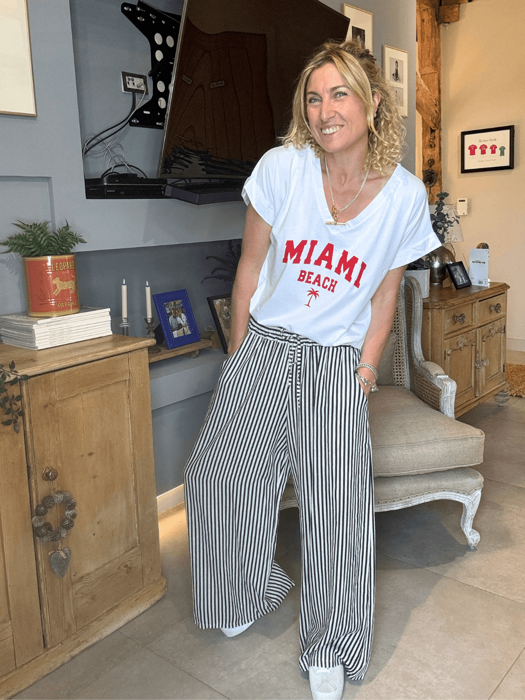 Candy Stripe Linen Trousers | Black & Ecru
