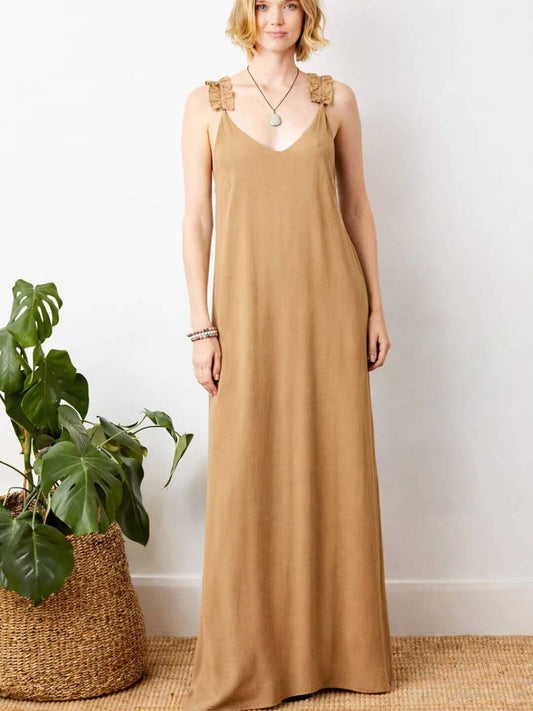 Sumatra Frill Strap Maxi Dress | Camel