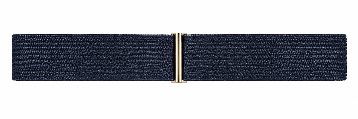Navy Raffia Belt with Gold Bar Buckle