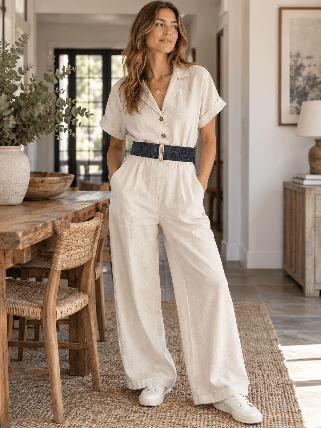 Navy Raffia Belt with Gold Bar Buckle