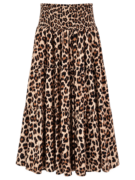 Natural Leopard Tiered Midi Skirt
