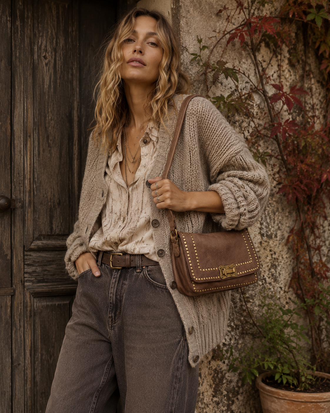 Studded Vintage Leather Bag | Taupe