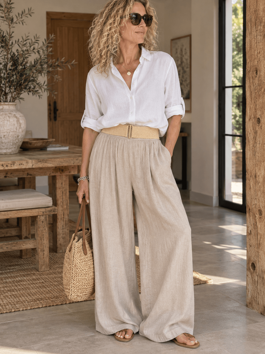 Natural Raffia Bar Buckle Belt - Gold Bar Buckle