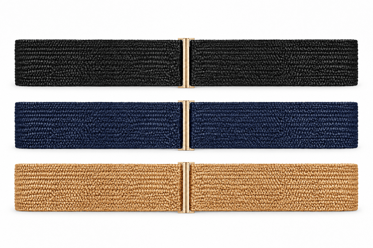 Navy Raffia Belt with Gold Bar Buckle