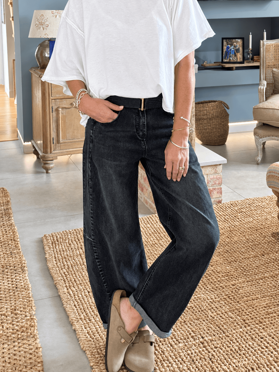 Black Raffia Bar Buckle Belt