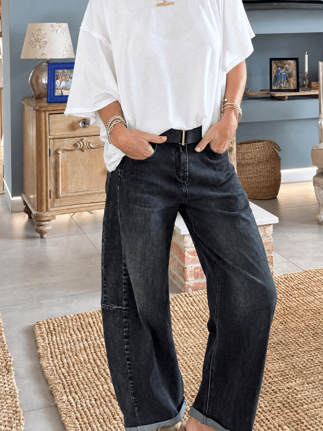 Black Raffia Bar Buckle Belt