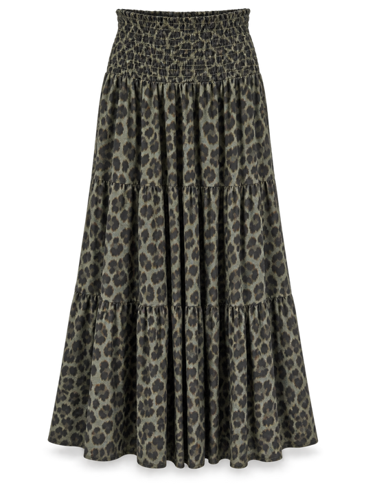 Khaki Leopard Tiered Midi Skirt