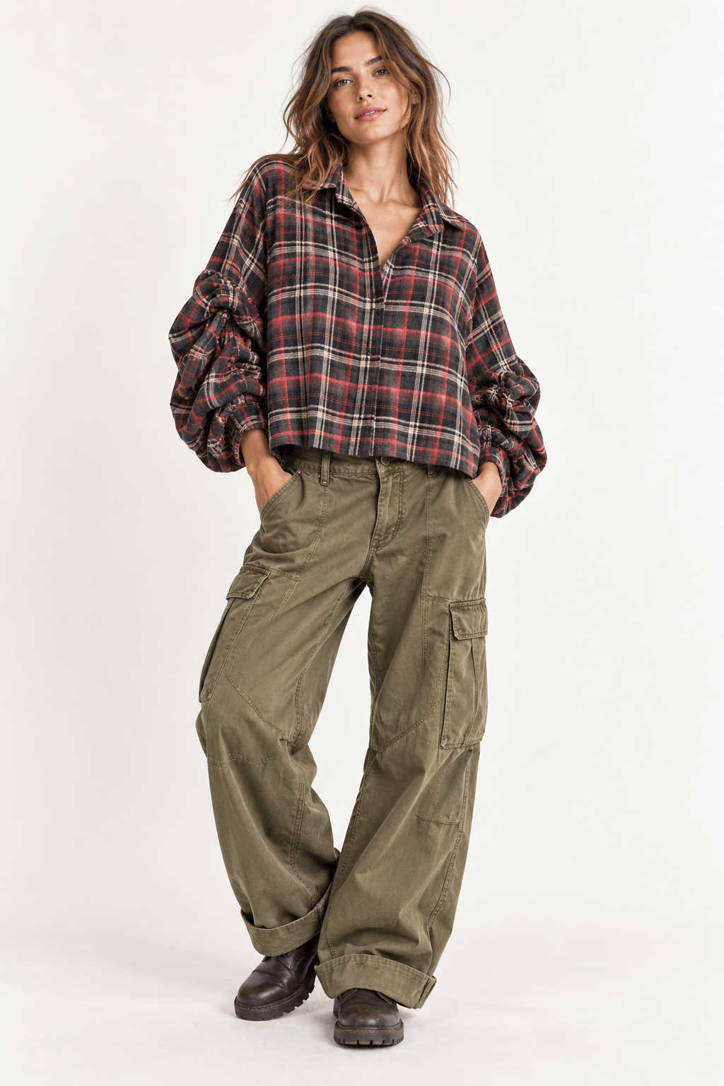 Jackson Plaid Bubble Sleeve Shirt | Charcoal & Coral